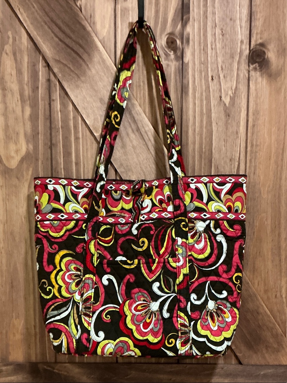 Vera Bradley Multicolor Quilted Floral Tote - Red, Yellow & White on Brown